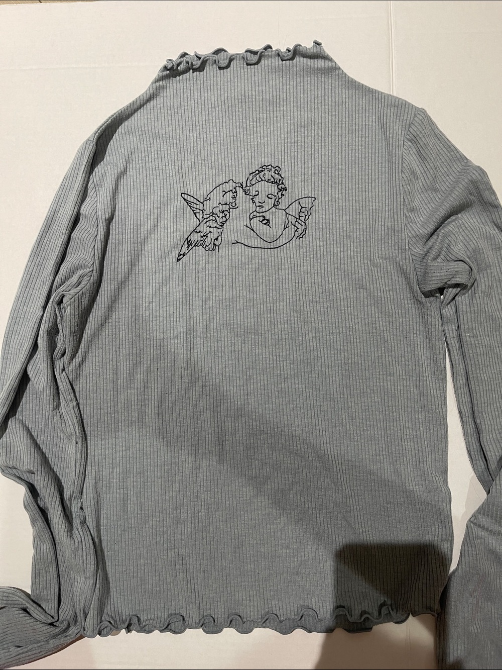 Women’s Light Gray Ribbed Long-Sleeve Shirt with Angel Graphic